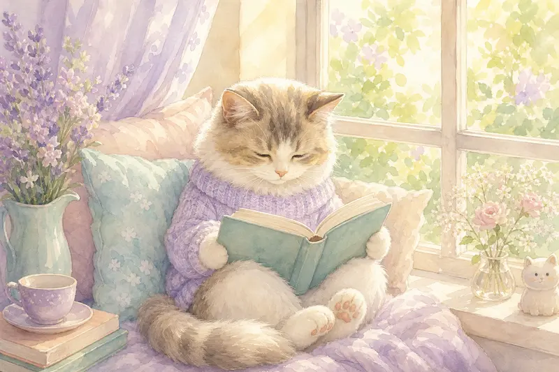 Кот читает книгу у окна — пастельная иллюстрация